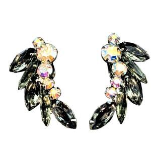 VTG Julianna Smoky Gray Marquis & Round Aurora Borealis Rhinestone Clip Earrings